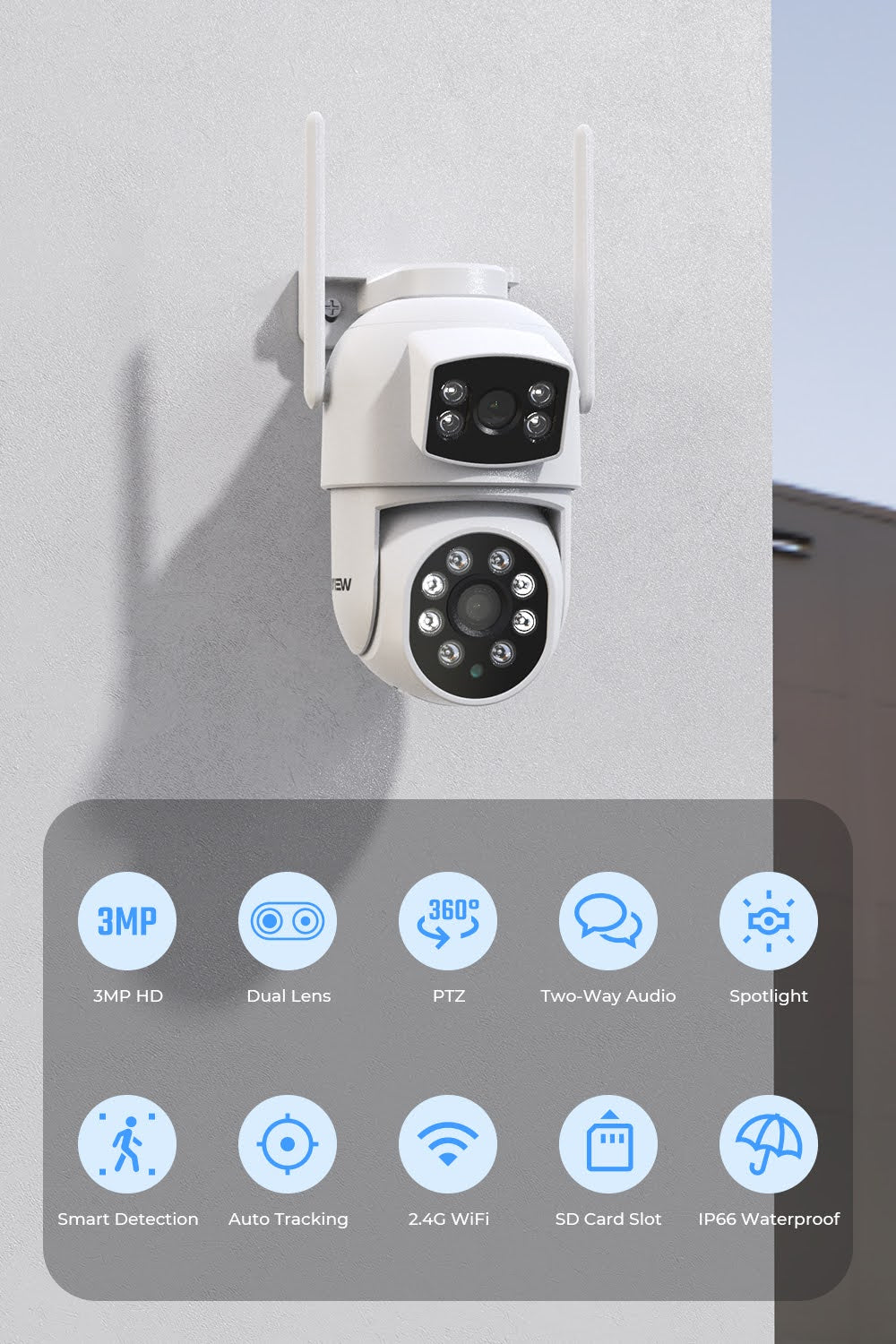 Cámara de Seguridad H.VIEW 3MP WiFi PTZ Doble Lente con Visión Nocturna Color y Audio Bidireccional, CCTV
