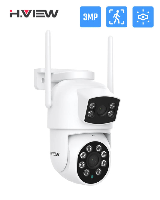 Cámara de Seguridad H.VIEW 3MP WiFi PTZ Doble Lente con Visión Nocturna Color y Audio Bidireccional, CCTV